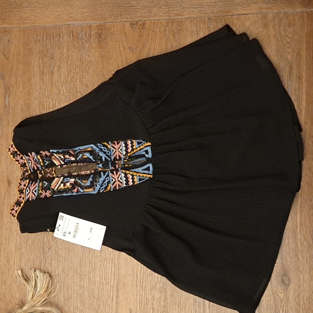 Zara Black Mini Dress with Multicolor Embroidery